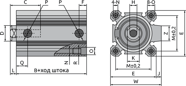 Габаритные размеры пневмоцилиндра QPC