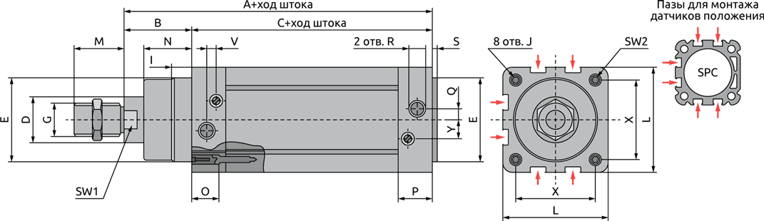 Габаритные размеры пневмоцилиндра SPC стандарта ISO 15552