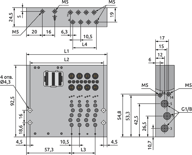 Габаритные размеры основы пневмоострова VPI-PM-10