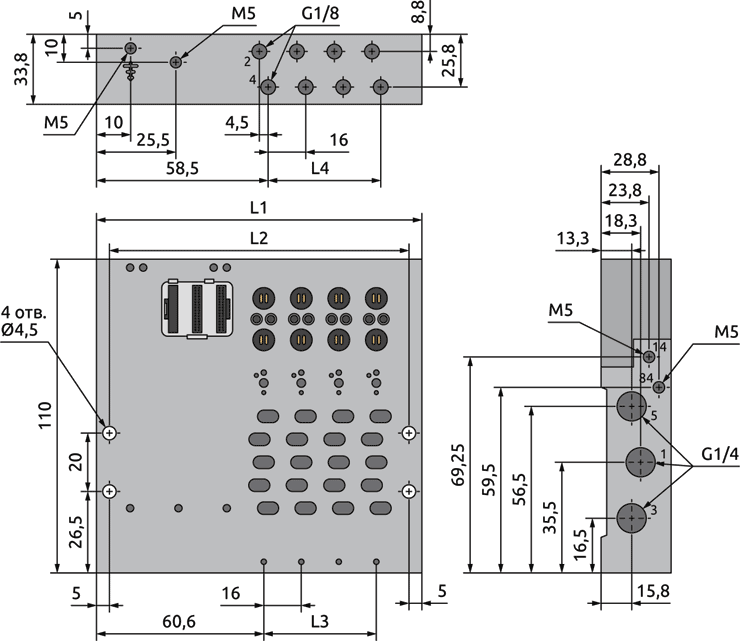 Габаритные размеры основы пневмоострова VPI-PM-14