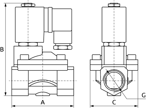 Габаритные размеры клапана соленоидного VALMA серии SVF
